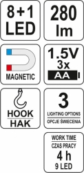 Lampa montážní 8+1 LED, hák+magnet